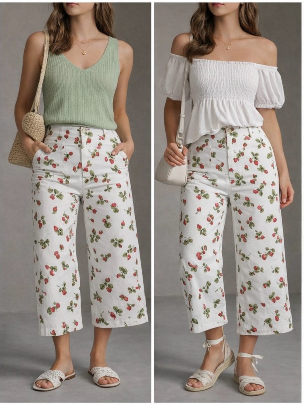 Nicole Miller New York Strawberry Print Cropped Wide-Leg Pants – Size 8